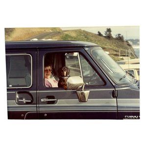 Dachsund Dog with Owner in Van Window Found Photo Snapshot 1994 Travel Picture